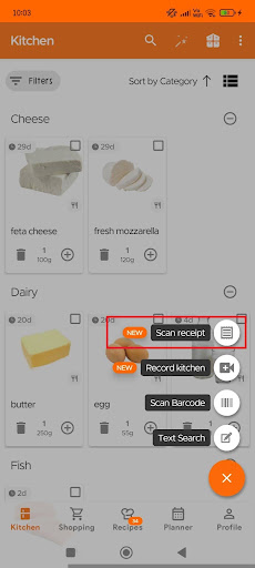 Scan Receipt option in Kitchen page
